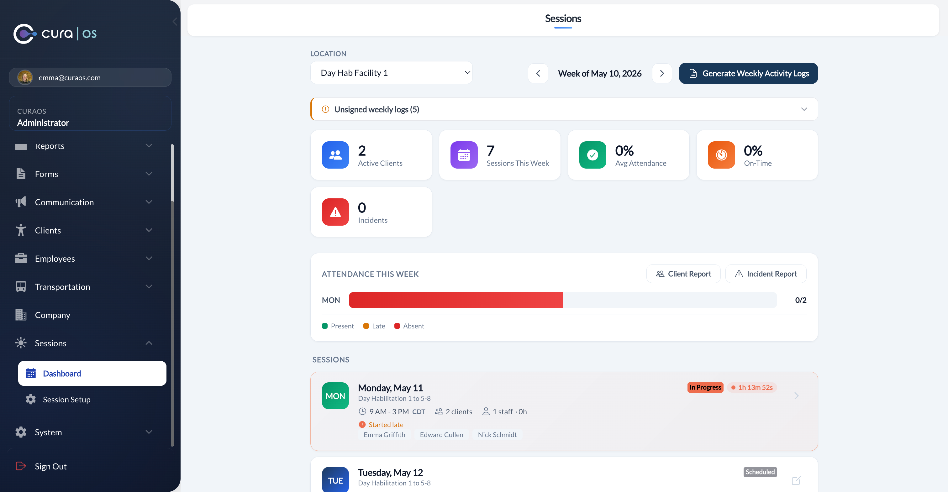 Admin sessions dashboard showing attendance metrics and session list