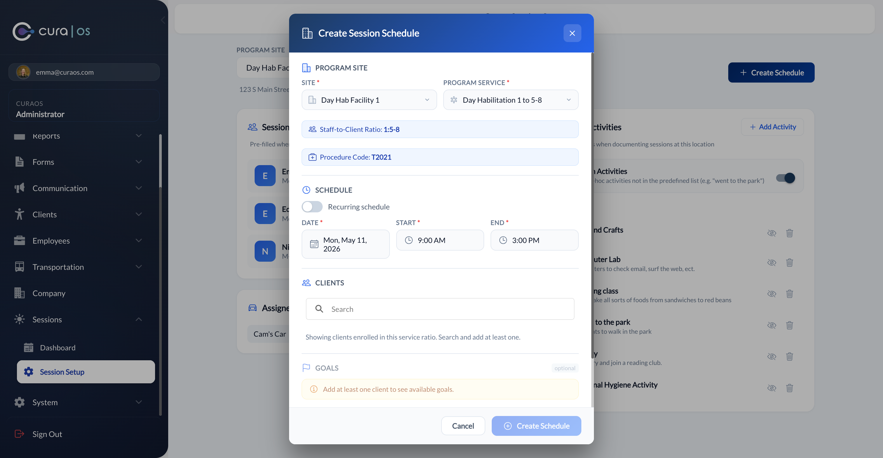 Create Session Schedule modal with site, service, and client fields