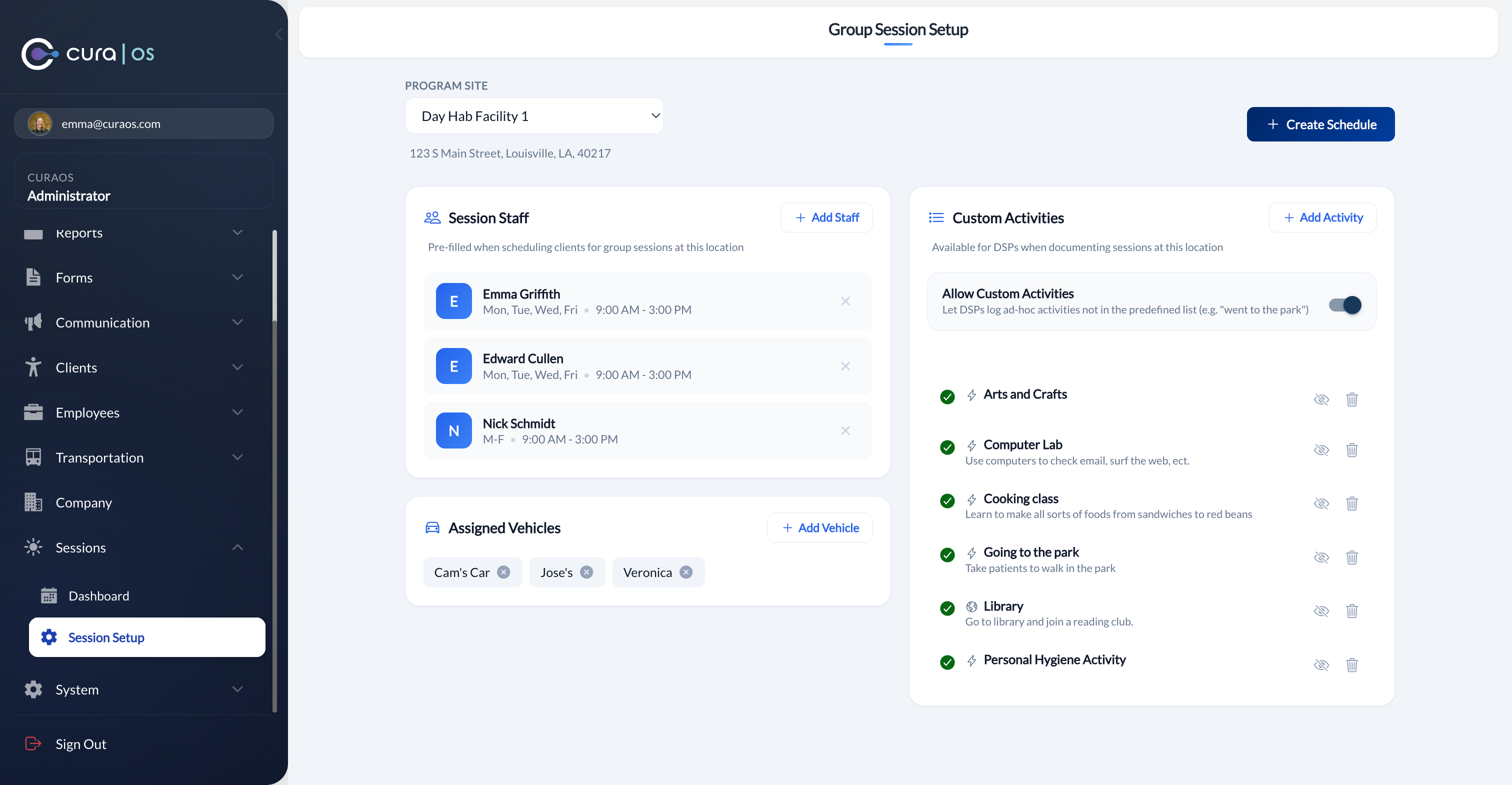 Group Session Setup page showing staff and custom activities