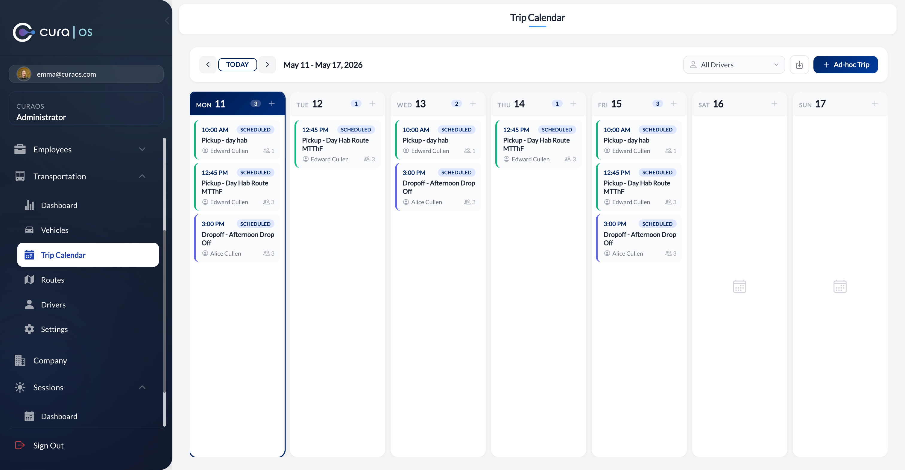 Trip calendar showing weekly pickup and drop-off schedule by driver