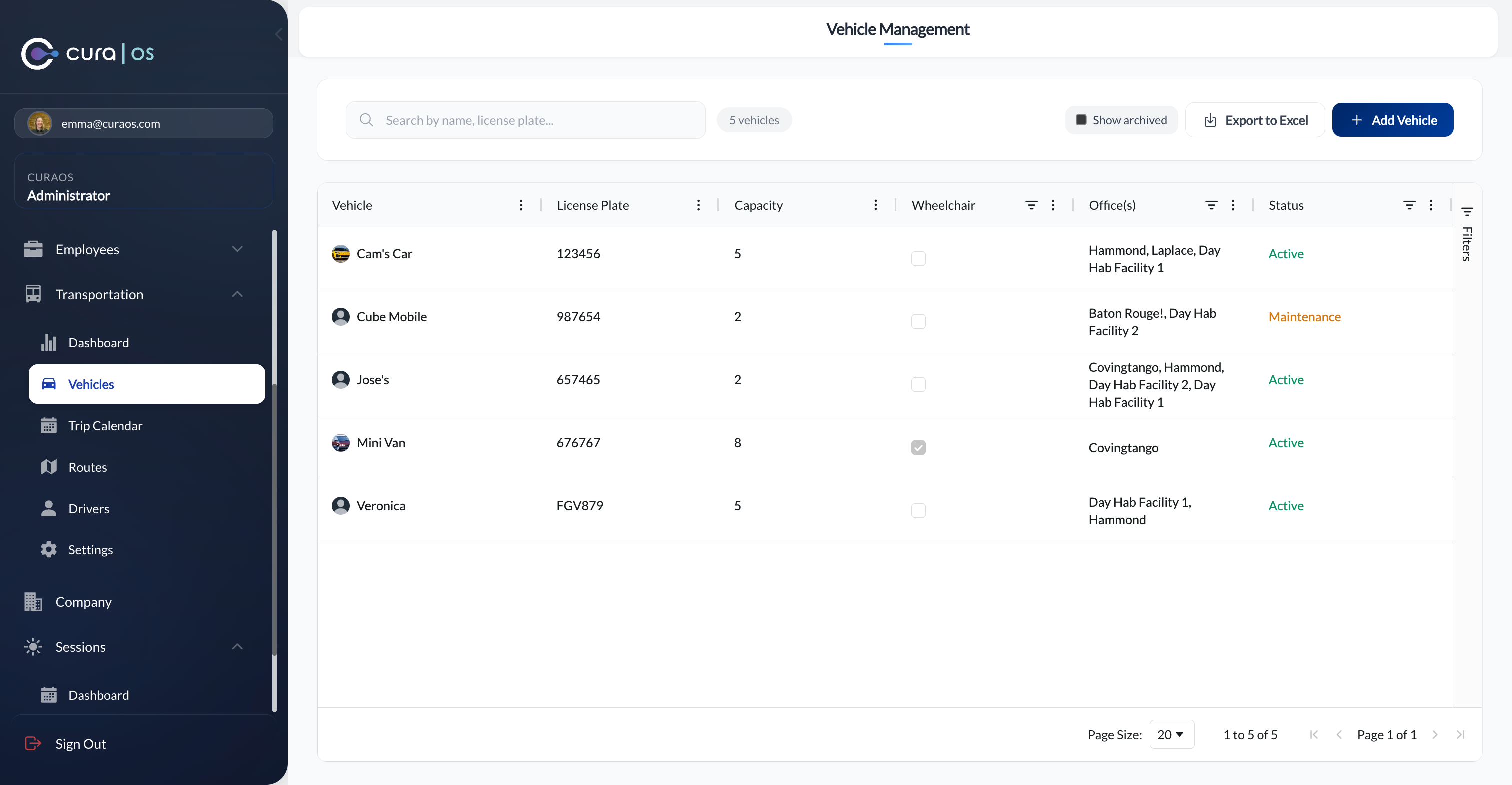 Vehicle management showing capacity, wheelchair access, and office assignments