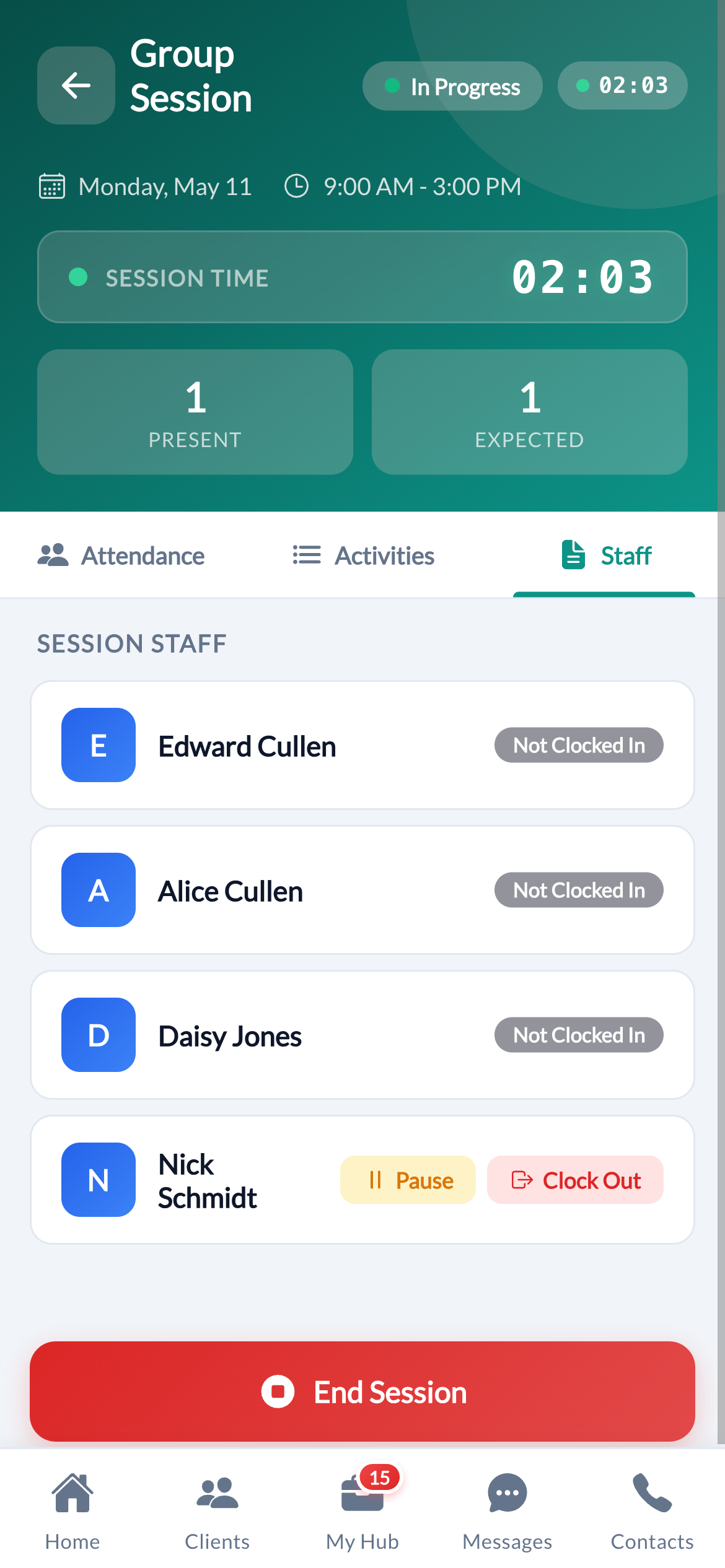 Staff tab inside an active group session