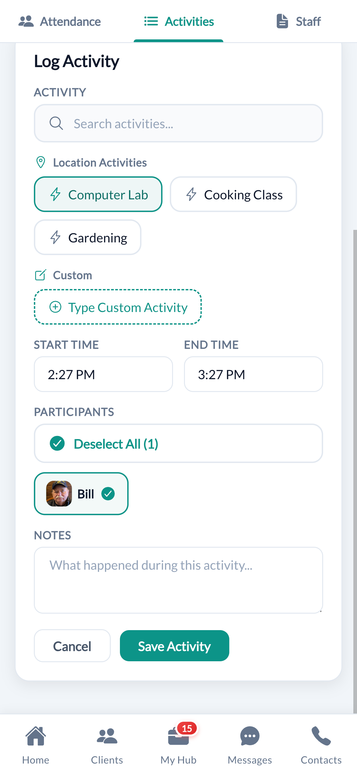 Activity log form with participants and notes