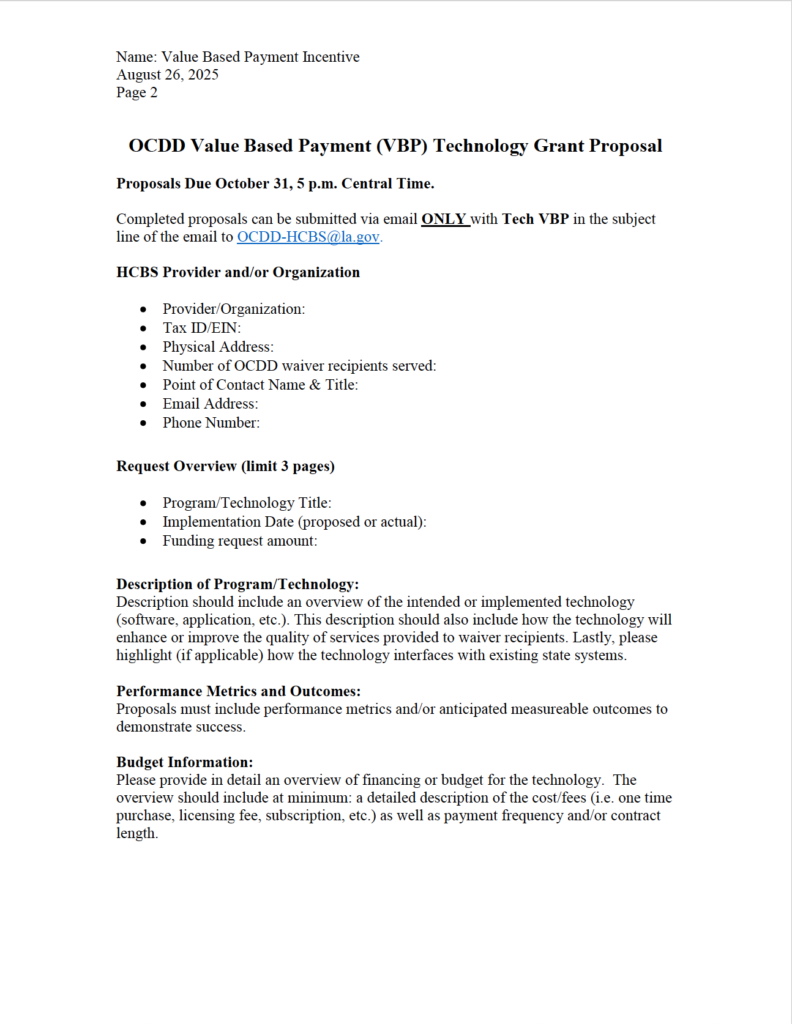 LA OCDD Value Based Payment Initiative - Technology Grant Page 2